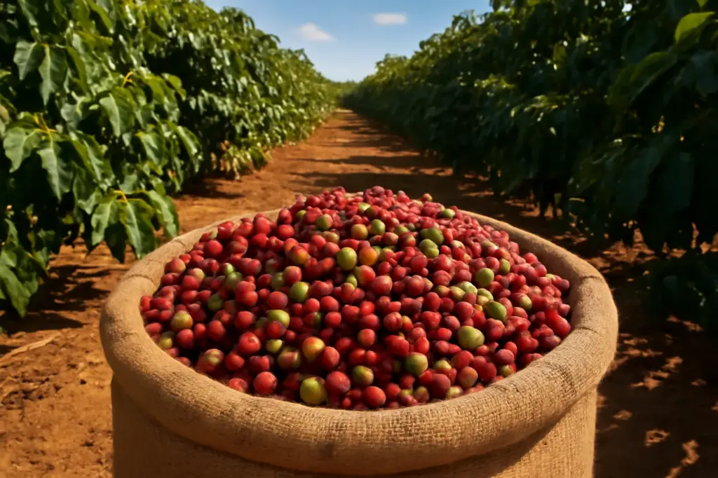 Frutos de café vermelhos e verdes recém-colhidos amontoados numa lavoura do Cerrado