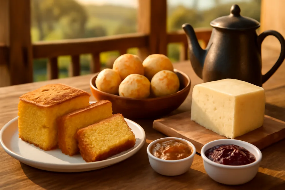 Mesa de café colonial farta com bolos, queijo e café