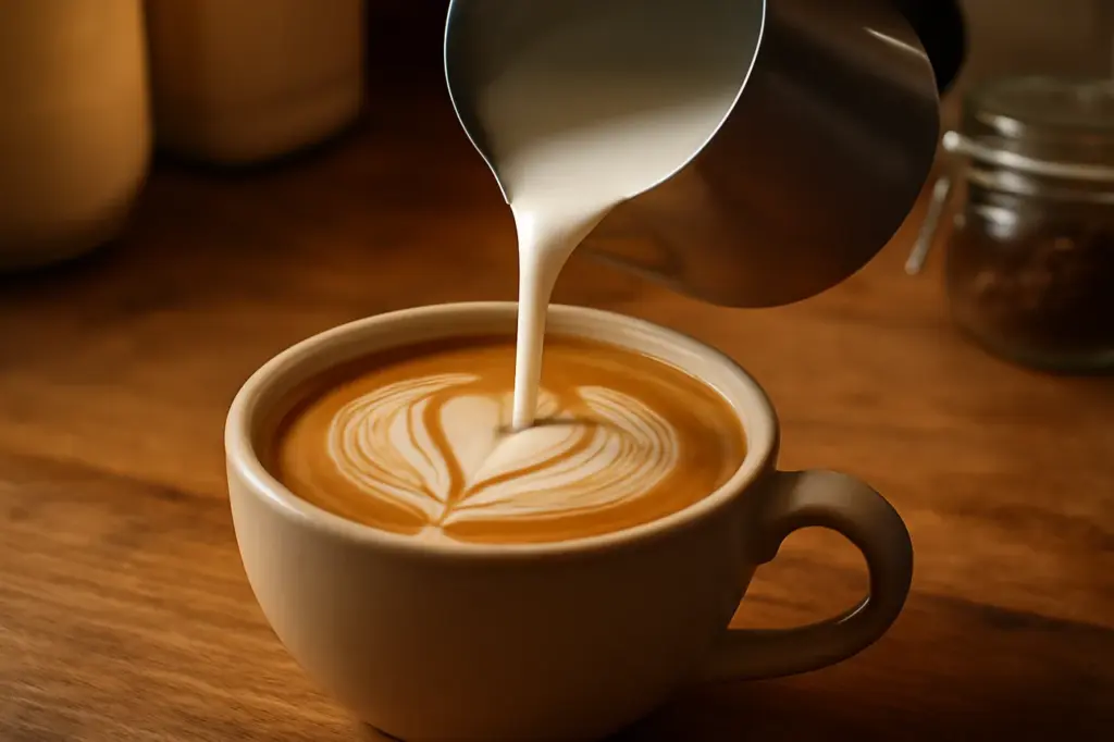 Leite espumado cremoso sendo despejado numa xícara de café