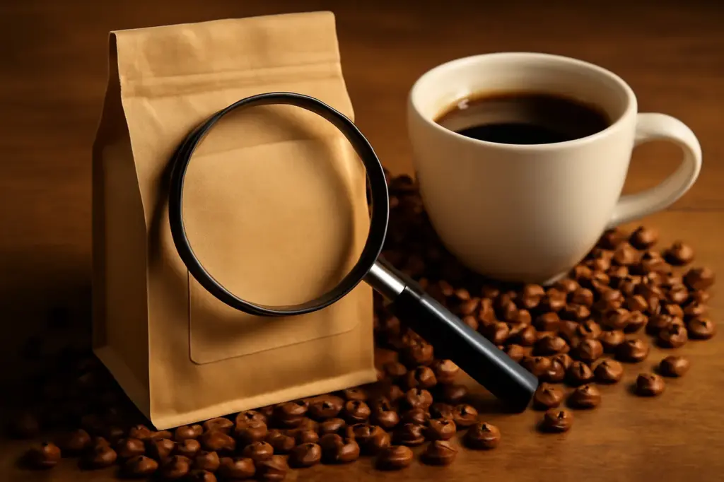Pacote de café especial ao lado de uma xícara e grãos, com uma lupa sobre o rótulo