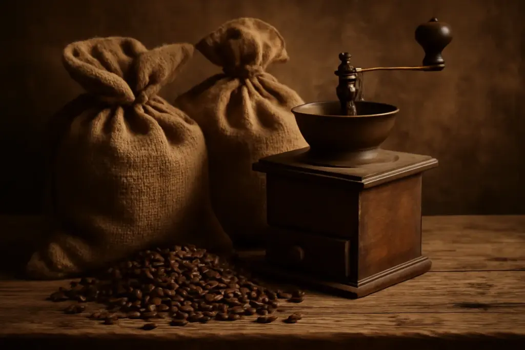 Cena histórica de café: sacas antigas e um moedor de café colonial