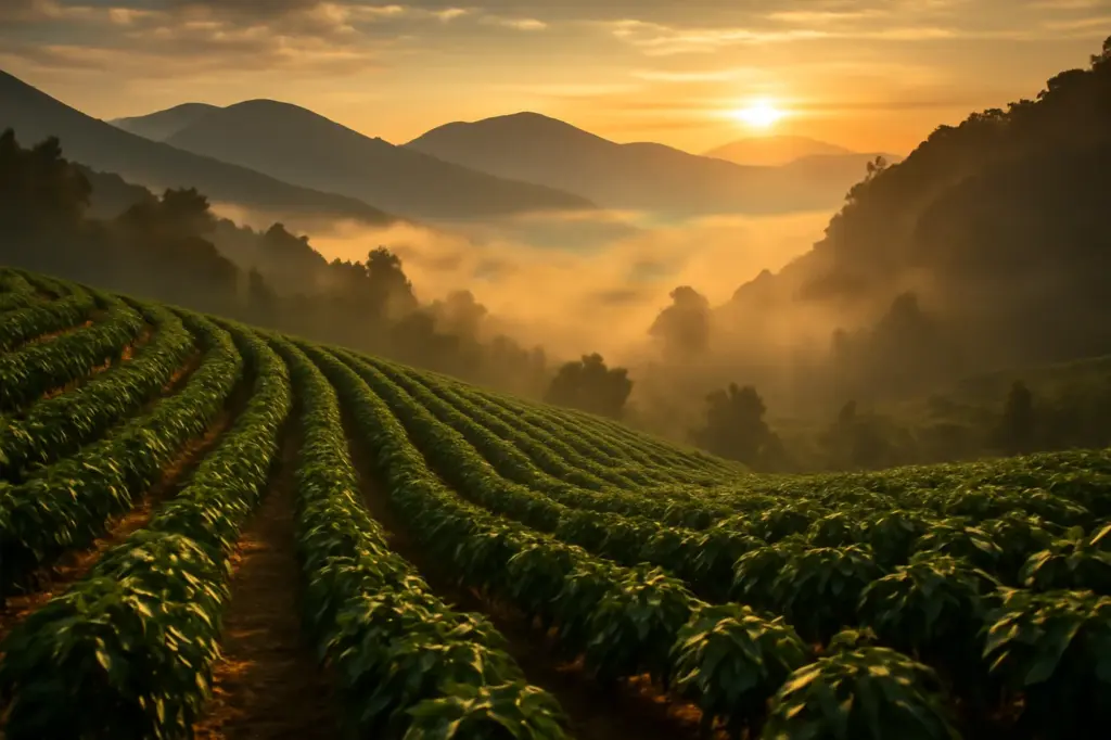 Lavoura de café em encostas de montanha enevoadas ao nascer do sol