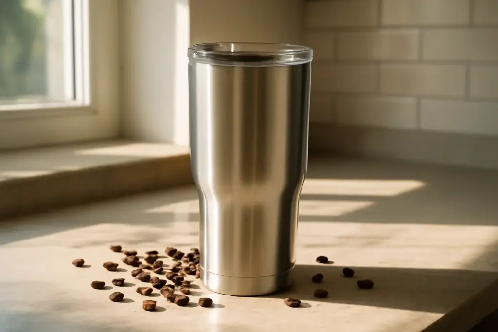 Copo térmico de aço inox sobre a bancada da cozinha ao lado de grãos de café