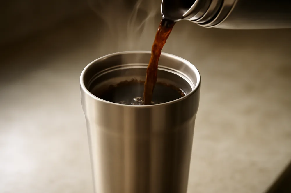 Café sendo servido dentro de um copo térmico de aço