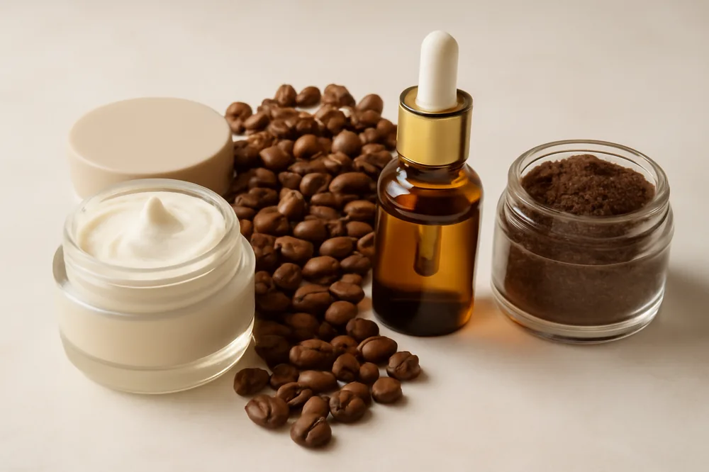 Grãos de café ao lado de potes de cosmético natural e óleo de café