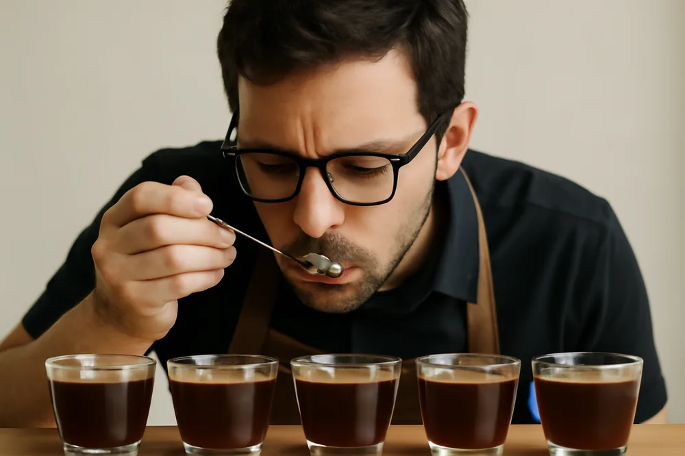 Provador de café avaliando amostras com a colher de cupping