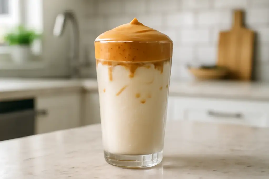 Copo de dalgona coffee com creme batido dourado sobre leite gelado