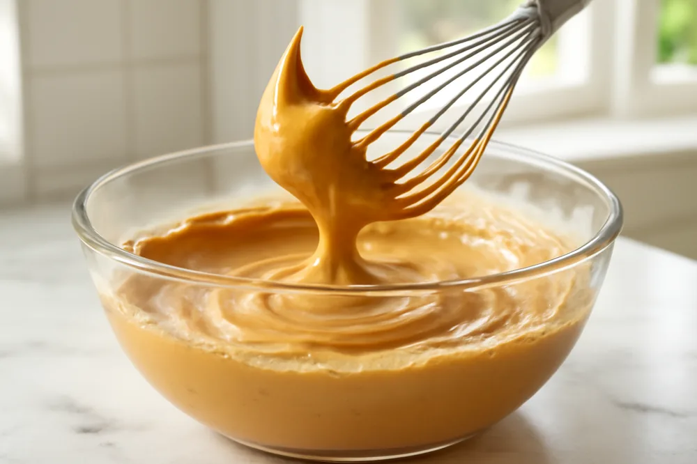 Creme de dalgona sendo batido com fouet até formar picos firmes
