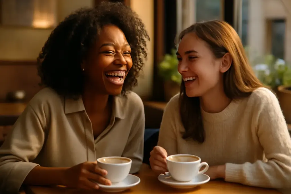 Dois amigos rindo tomando café numa mesa de cafeteria aconchegante