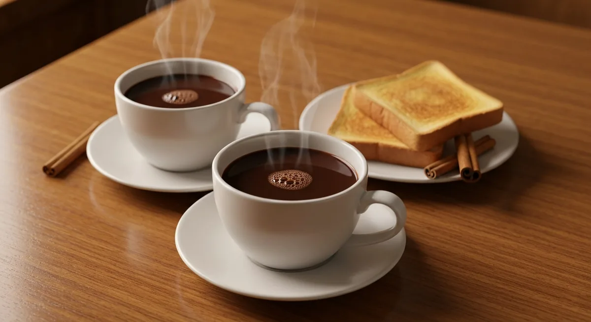 Duas canecas de chocolate quente com torradas e pau de canela