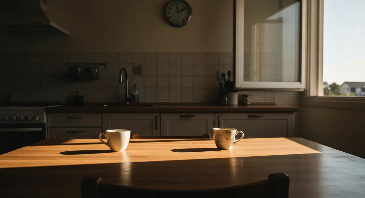 Duas xícaras de café frente a frente numa mesa de cozinha vazia