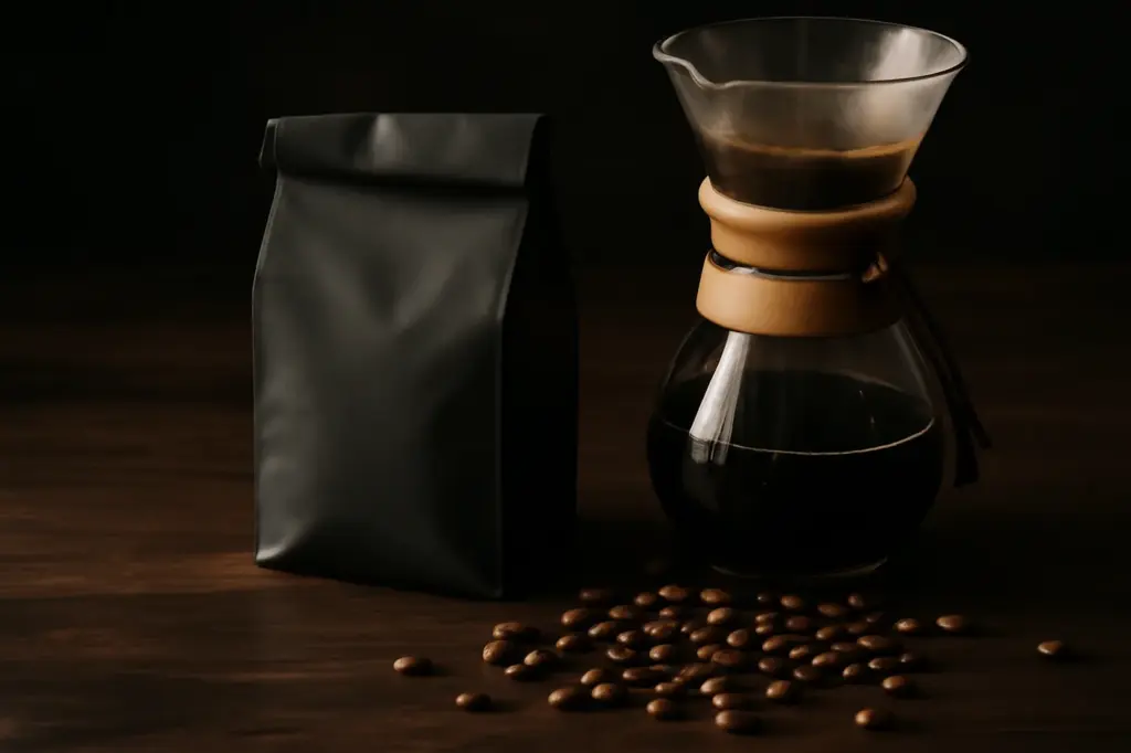 Pacote pequeno de café especial sobre mesa escura ao lado de um coador de vidro