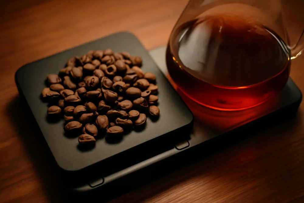 Grãos de café especial sendo pesados numa balança de precisão