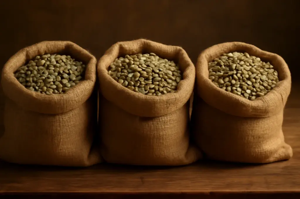 Três sacas de café de origens diferentes lado a lado sobre uma mesa de madeira