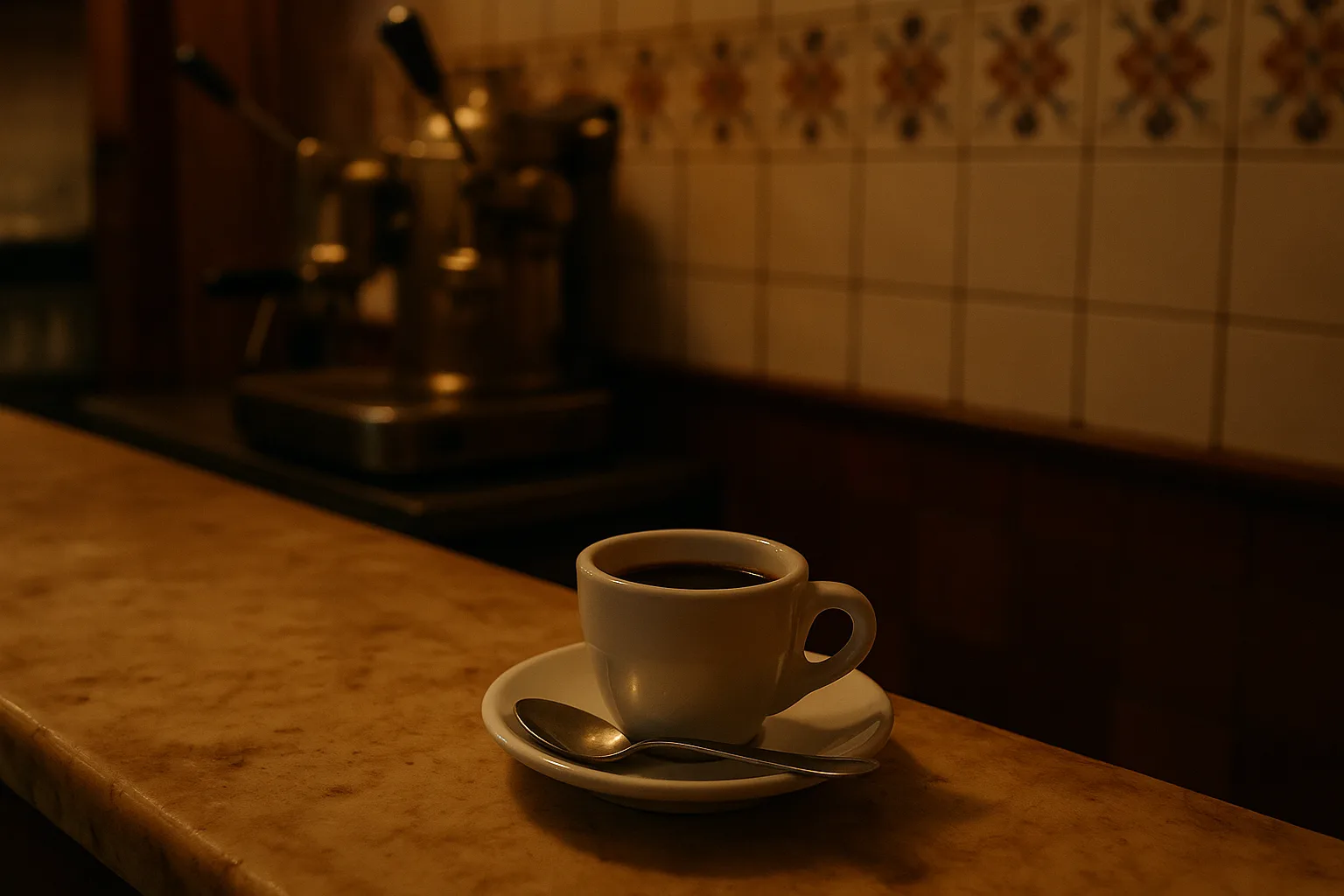 Xícara de café escuro sobre balcão de mármore de bar espanhol tradicional