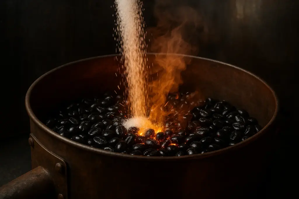 Grãos de café pretos vitrificados em tacho com açúcar caramelizando em faíscas