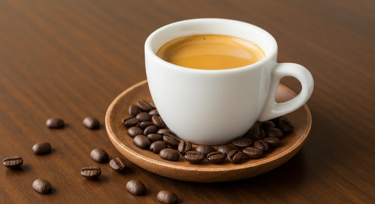 Xícara de espresso com crema dourada cercada de grãos