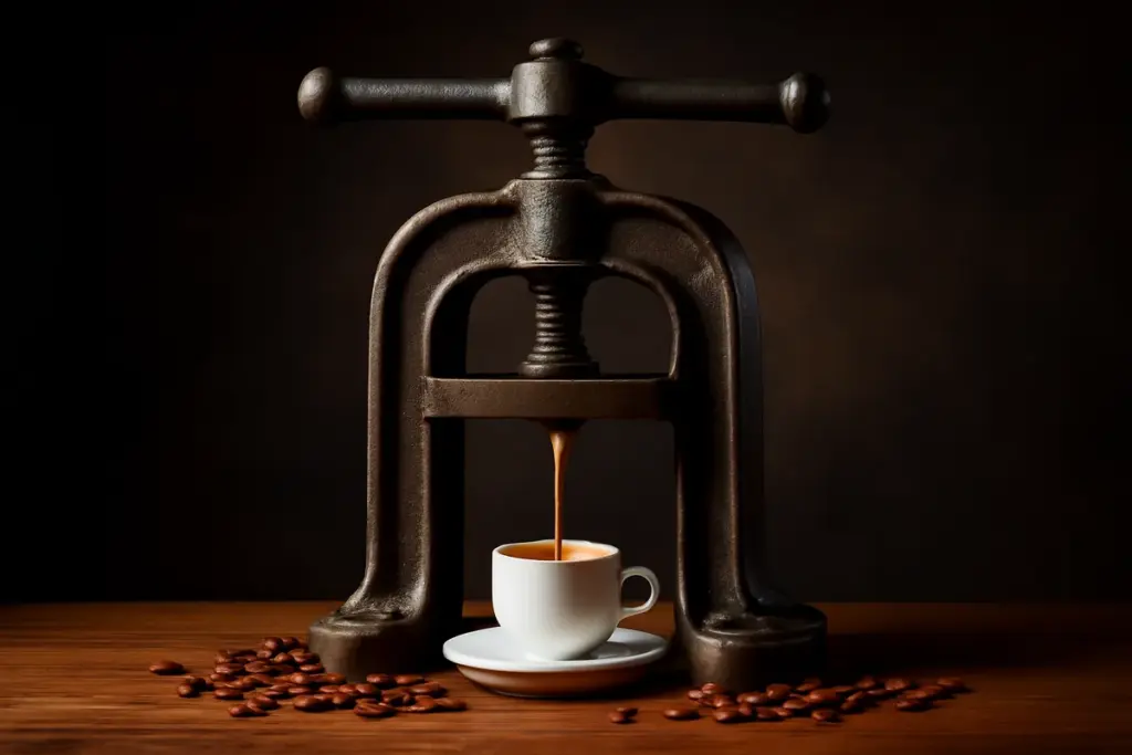 Prensa antiga gigante espremendo um fio de espresso com crema dourada numa xícara pequena