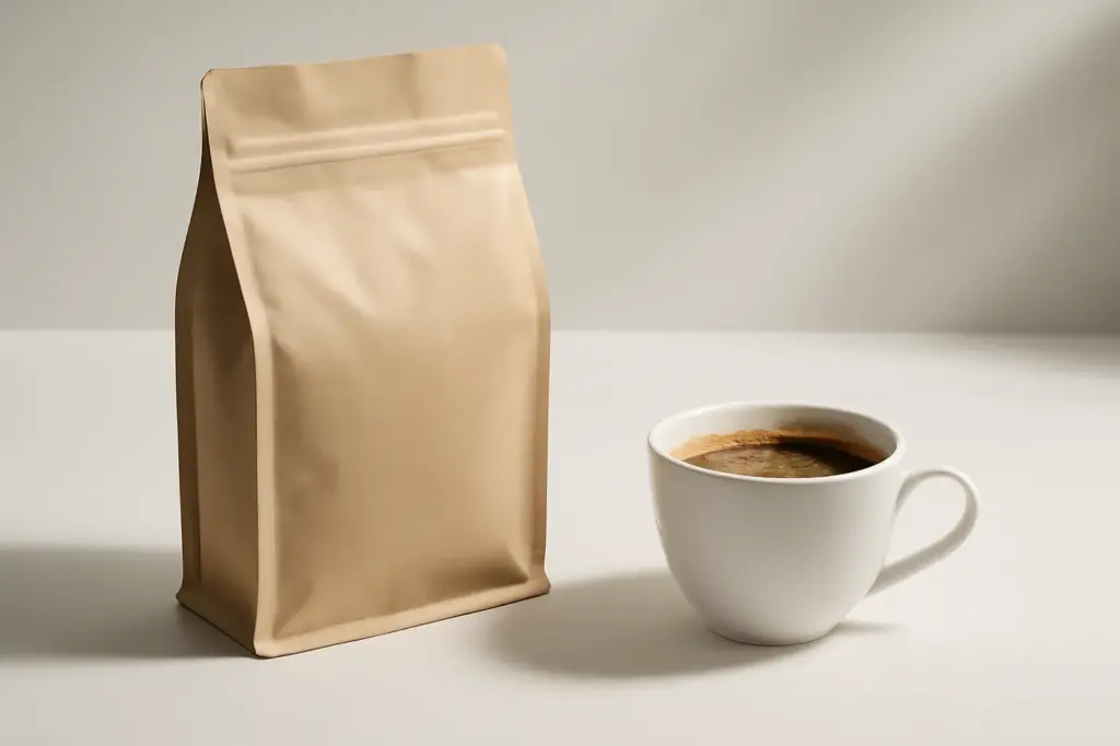 Pacote de café e uma xícara sobre uma mesa clara com iluminação de estúdio