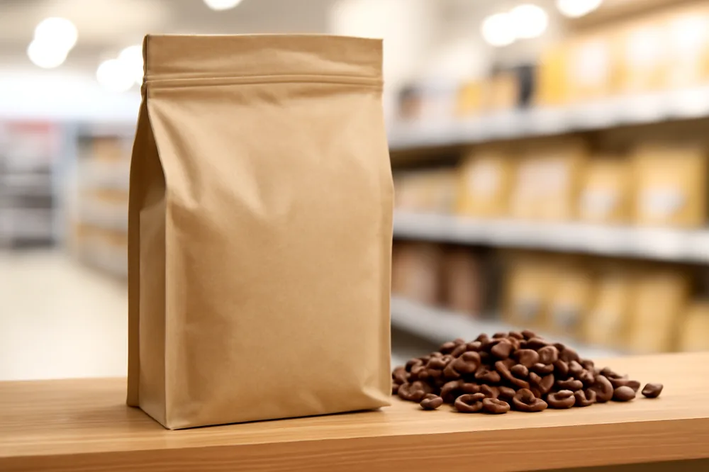 Rótulo de pacote de café sendo observado de perto na prateleira