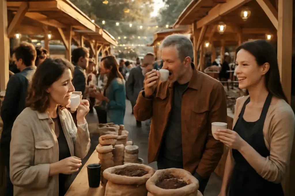 Feira de café movimentada com estandes e pessoas degustando