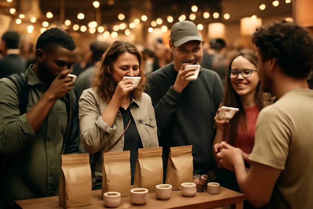 Pessoas degustando café num estande de festival