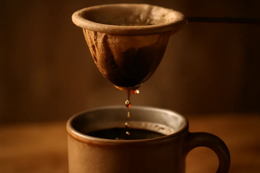 Coador de pano com café pingando numa xícara