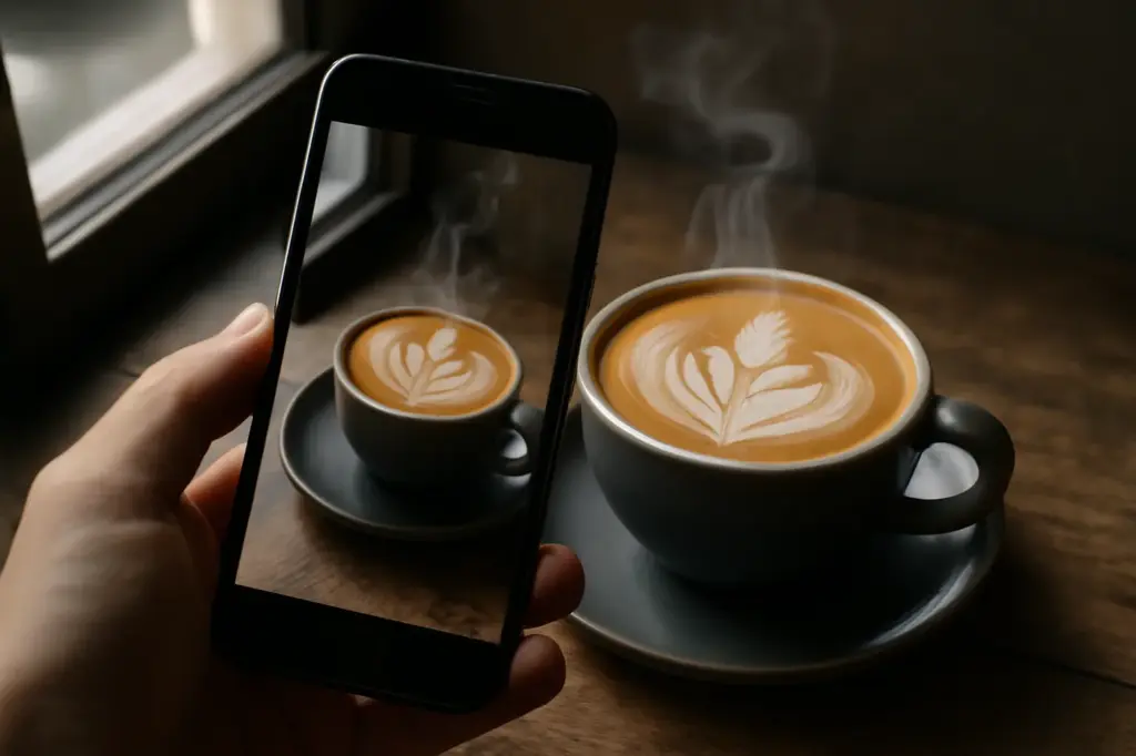 Celular fotografando uma xícara de café com vapor perto de uma janela com luz natural