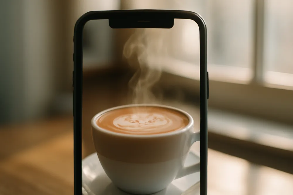 Celular registrando uma xícara de café ao lado da janela