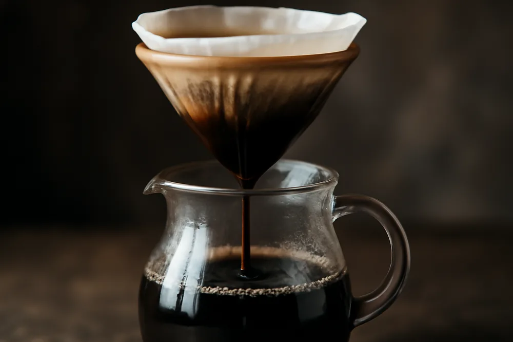 Café coado pingando lentamente pelo filtro numa jarra