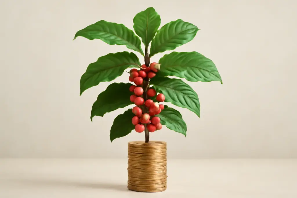 Pé de café com frutos vermelhos brotando de moedas empilhadas
