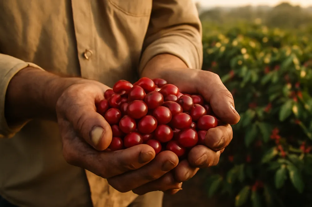 Mãos de produtor segurando frutos de café maduros na lavoura