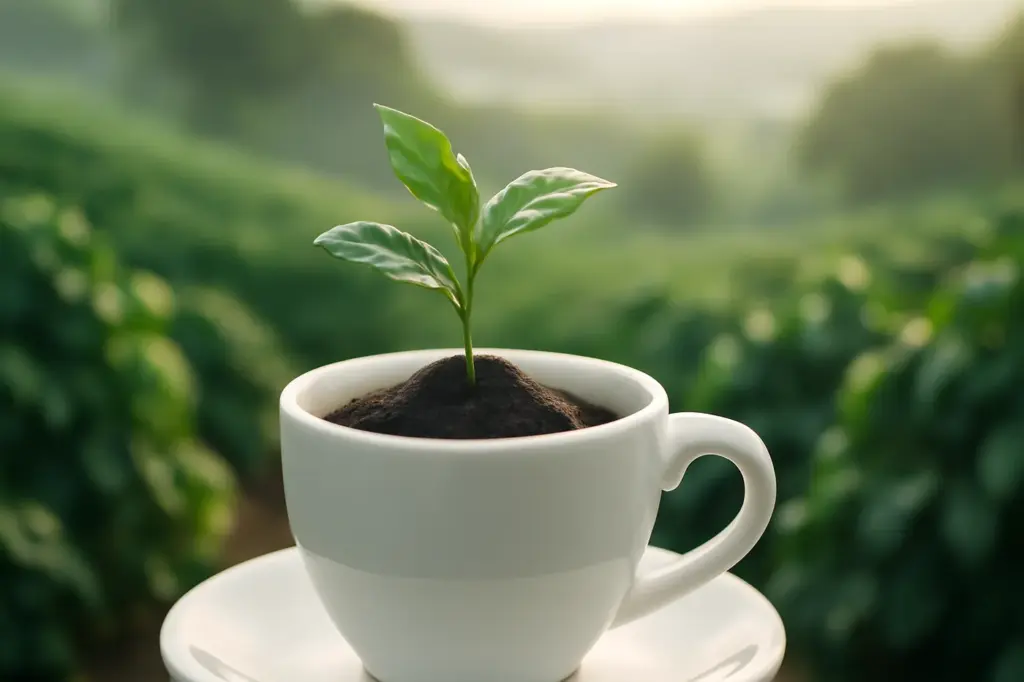 Muda verde de café brotando de dentro de uma xícara de café, lavoura ao fundo