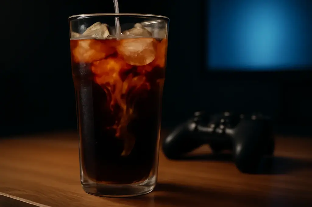 Copo alto de café gelado escuro com gelo ao lado de um controle de videogame à noite