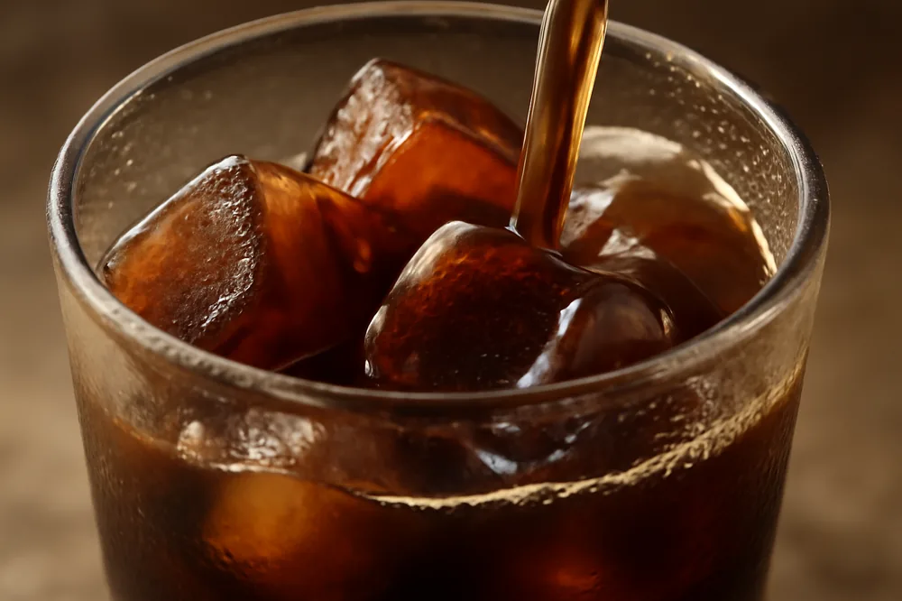 Pedras de gelo feitas de café dentro de um copo sendo preenchido
