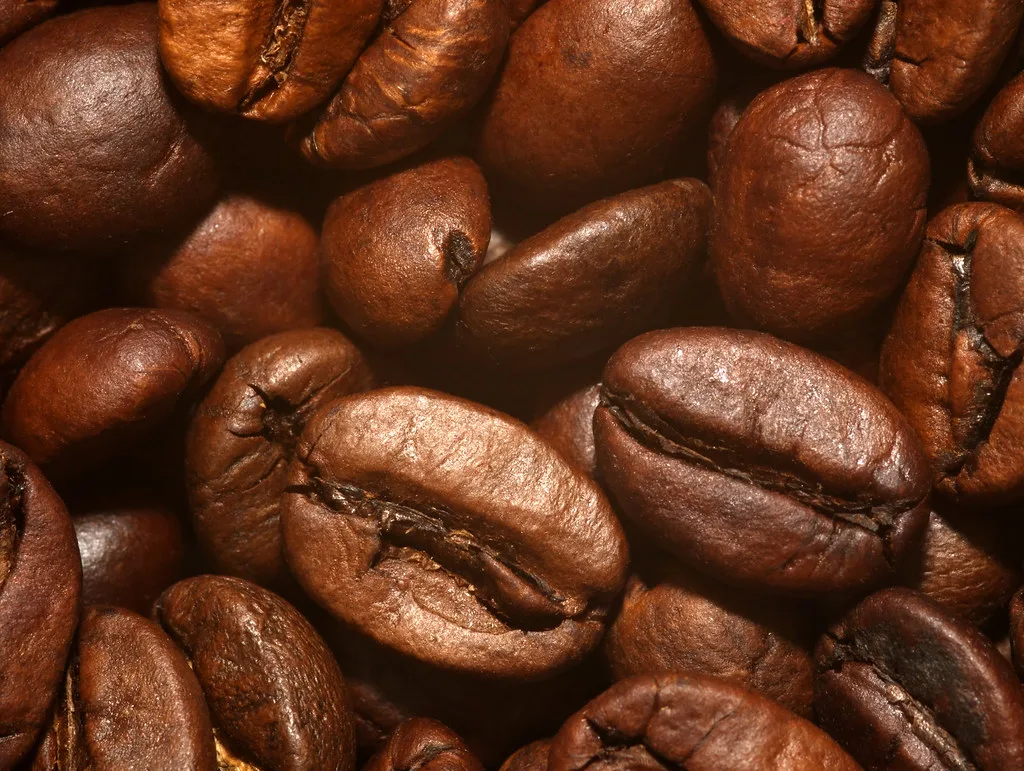 Grãos de café torrados vistos bem de perto
