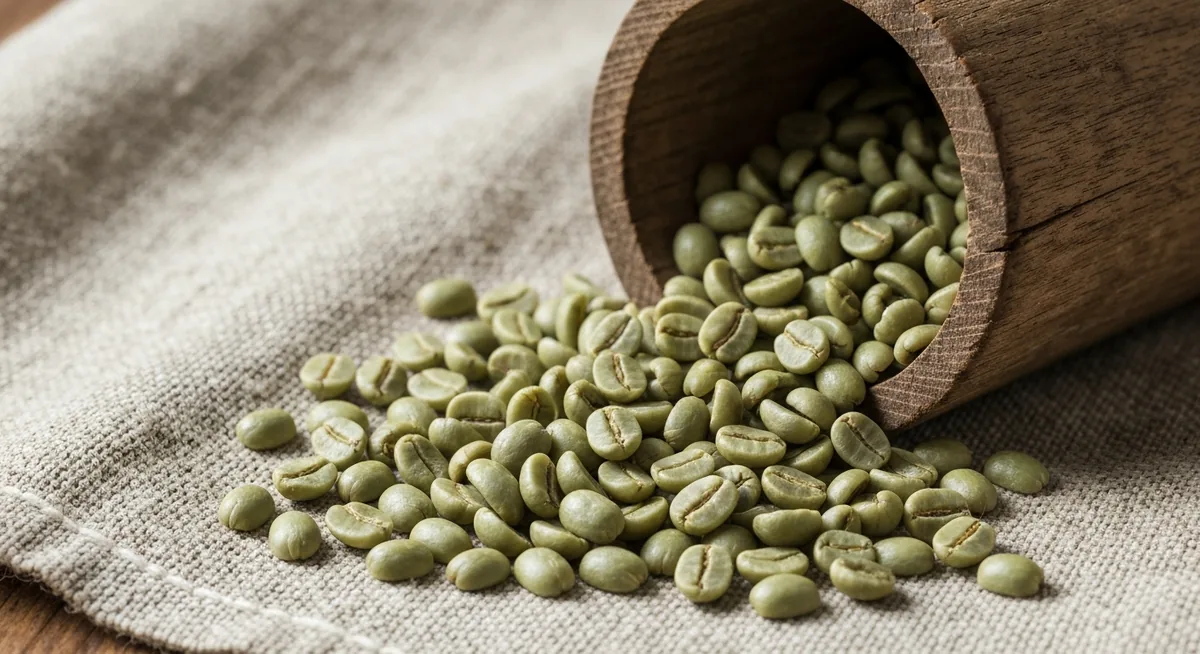 Grãos de café verdes crus derramados sobre pano de linho ao lado de um pilão