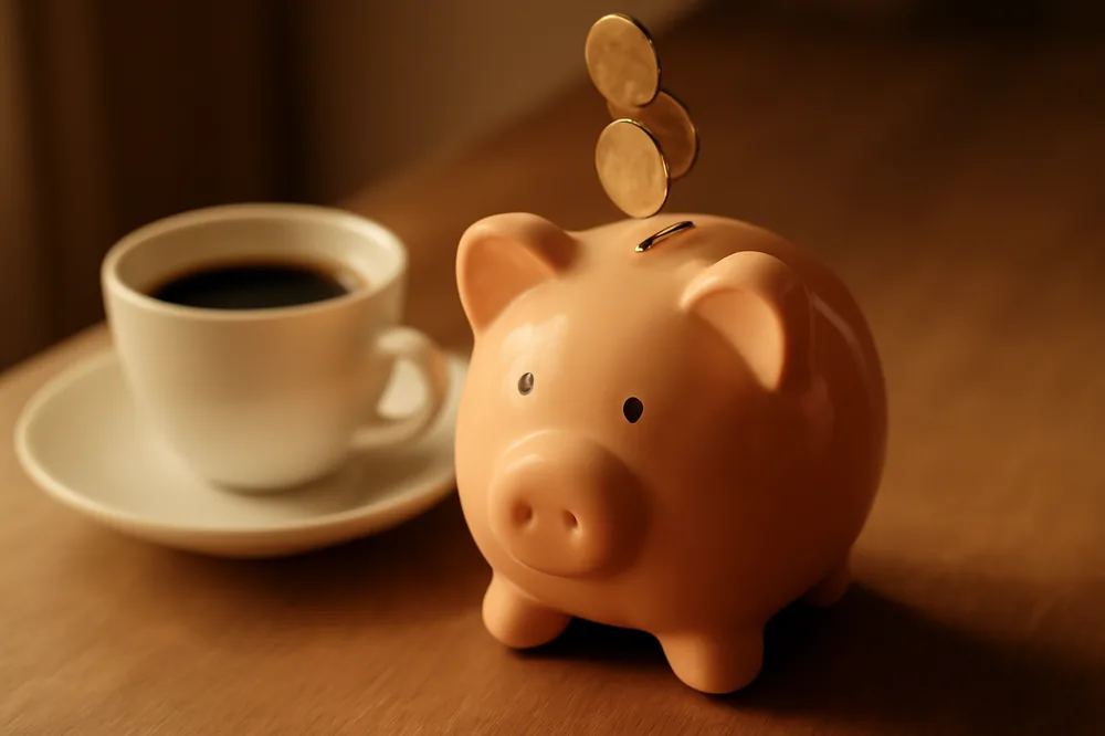 Moedas sendo guardadas num cofrinho ao lado de uma xícara de café