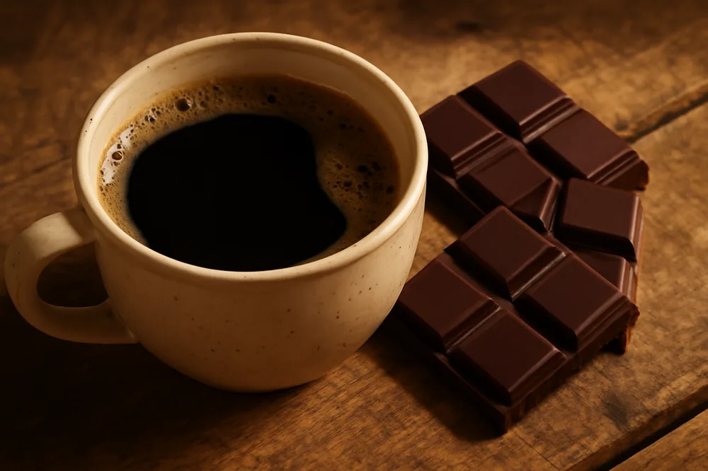Xícara de café ao lado de quadrados de chocolate amargo