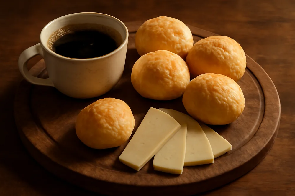 Tábua com café, fatias de queijo e pães de queijo
