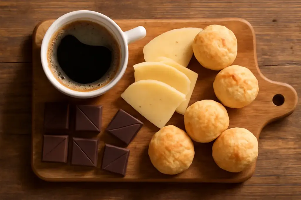 Tábua de harmonização com xícara de café, quadrados de chocolate amargo, fatias de queijo e pães de queijo
