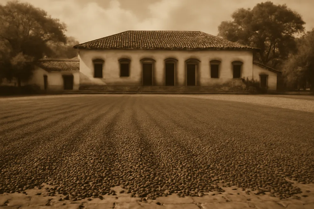 Terreiro antigo de fazenda com café secando ao sol