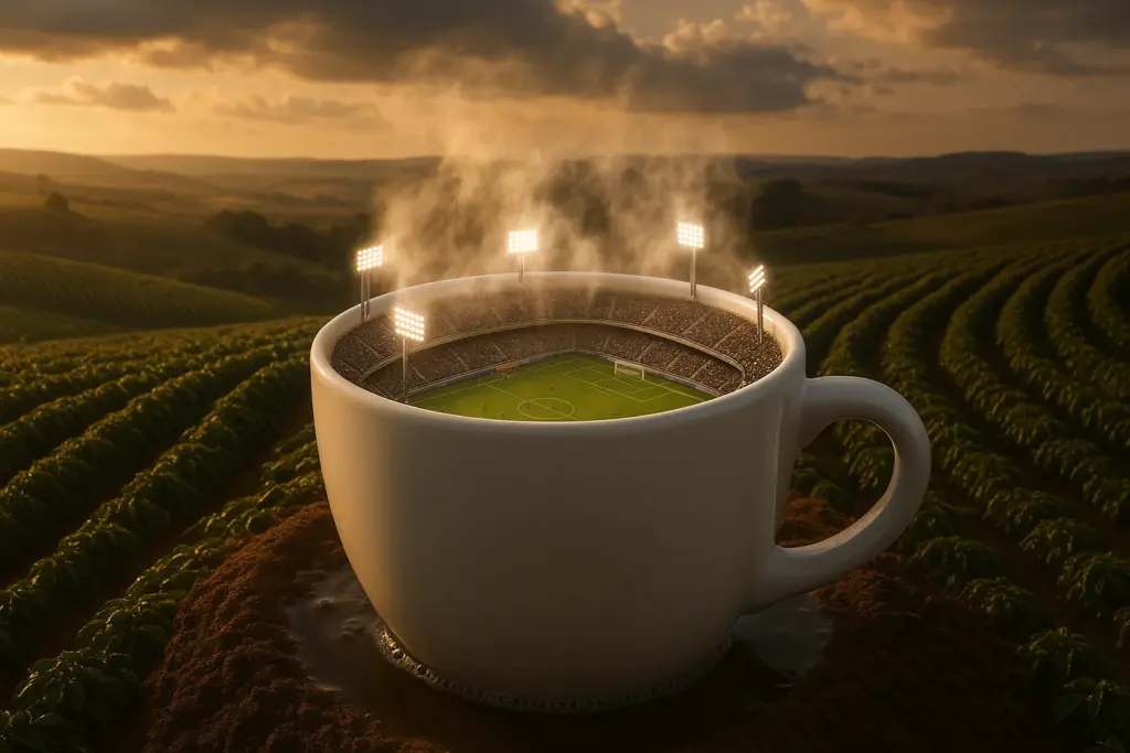 Caneca gigante de café com estádio de futebol em miniatura dentro, cercada por lavouras do Cerrado.