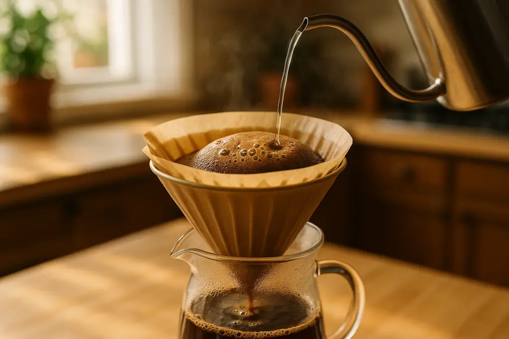 Coador de café com filtro de papel durante a pré-infusão, com o pó inchado e borbulhando