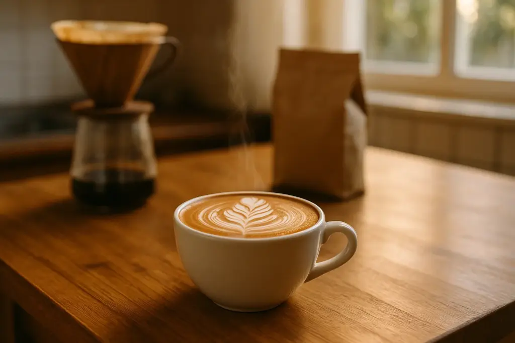 Xícara de cappuccino com latte art sobre bancada de cozinha doméstica