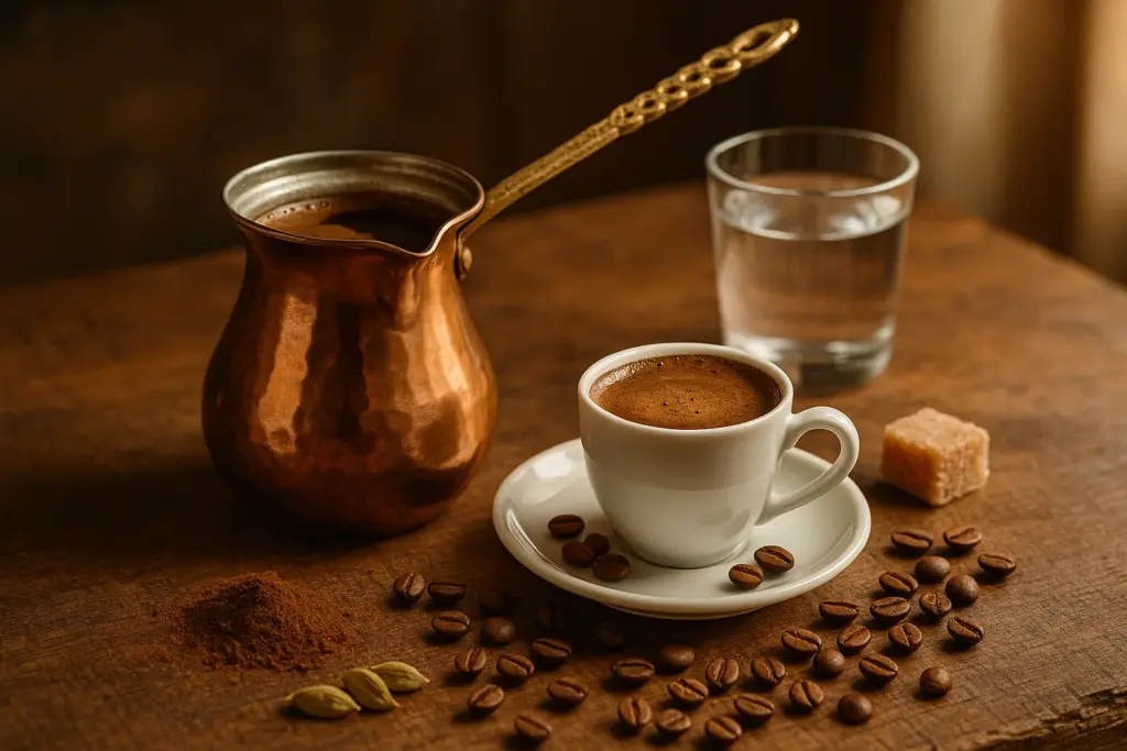 Cezve de cobre e xícara pequena de café turco com espuma, água e docinho sobre mesa de madeira.