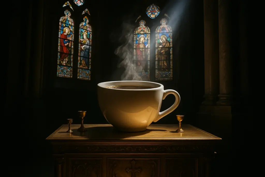 Xícara de café gigante sobre altar dourado iluminado por vitral em nave de igreja antiga.