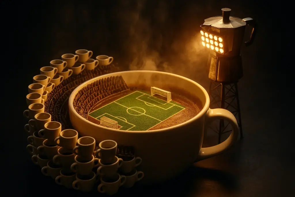 Estádio de futebol em miniatura montado dentro de uma caneca de café gigante fumegante, ao lado de uma cafeteira colossal.