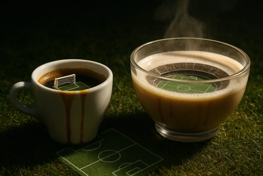 Xicrinha de espresso escuro e tigela de café au lait claro montadas como dois campos de futebol frente a frente.