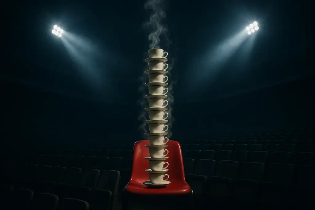 Torre gigante de xícaras de café empilhadas ocupando o único assento iluminado de um estádio escuro.